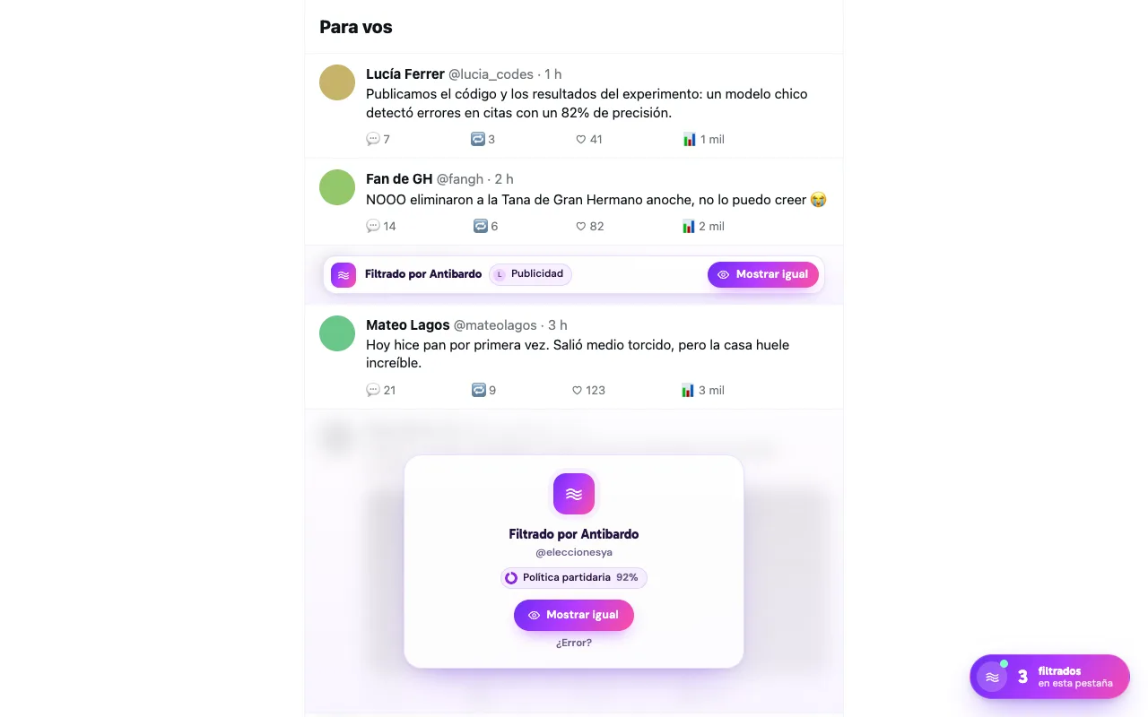 Feed de X en tema claro con publicaciones tapadas por Antibardo