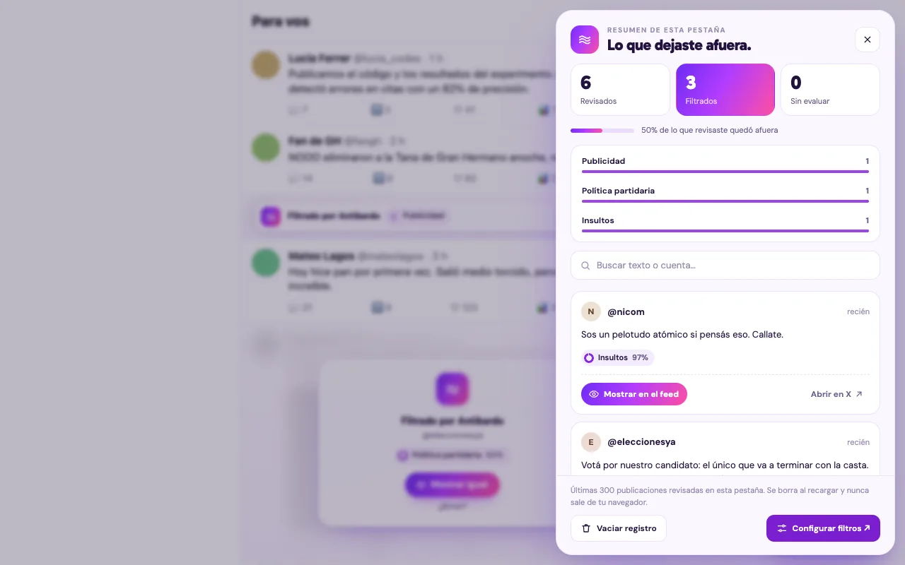 Resumen de lo filtrado en la pestaña, con motivos y probabilidades